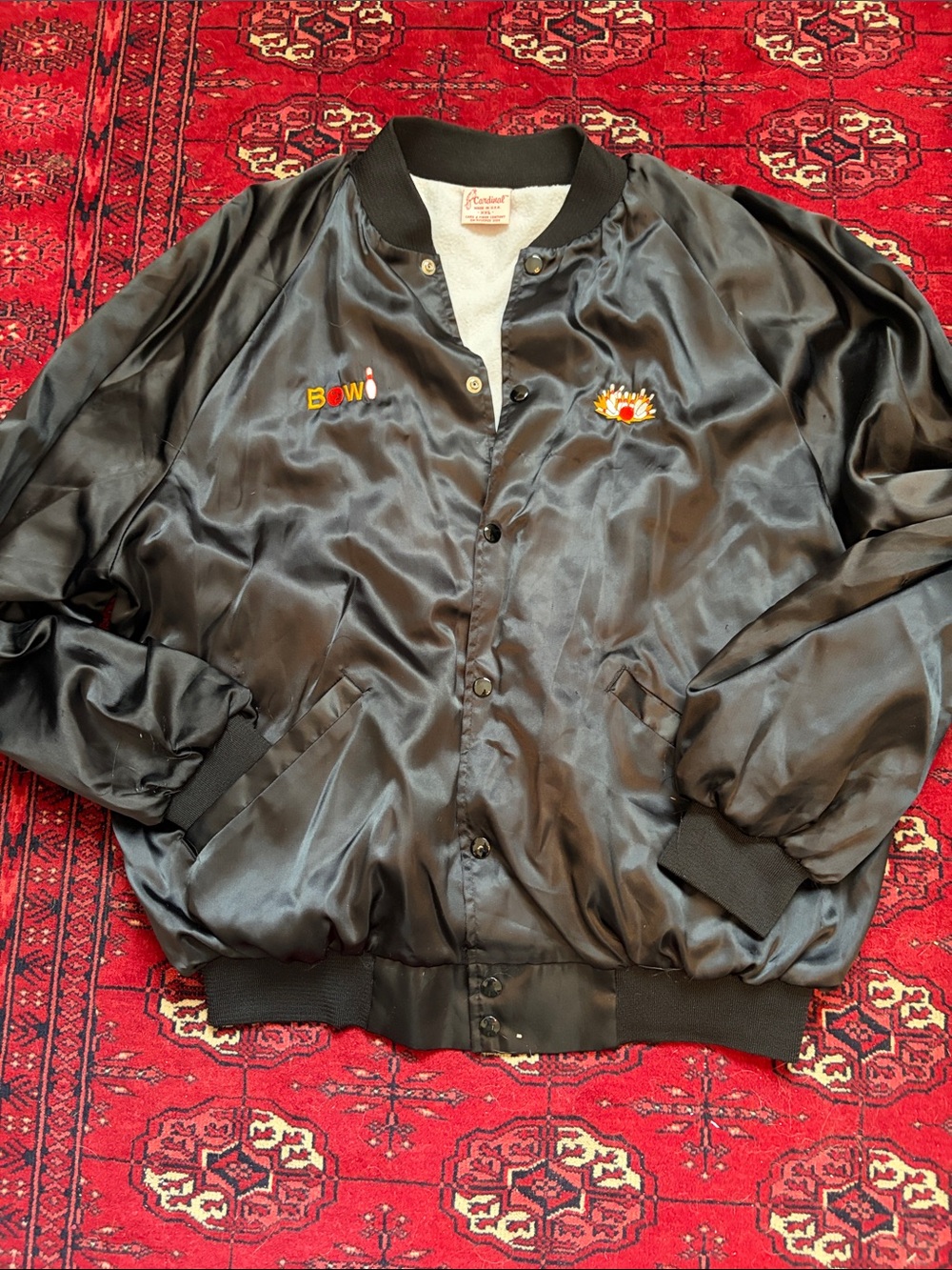 Men's Vintage 80s Black Satin Bomber Jacket XXL Embroidered Retro Bowling
